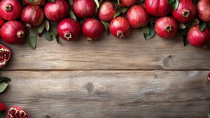 Sticker - Fresh pomegranates arranged on a wooden table with leaves showcasing vibrant colors