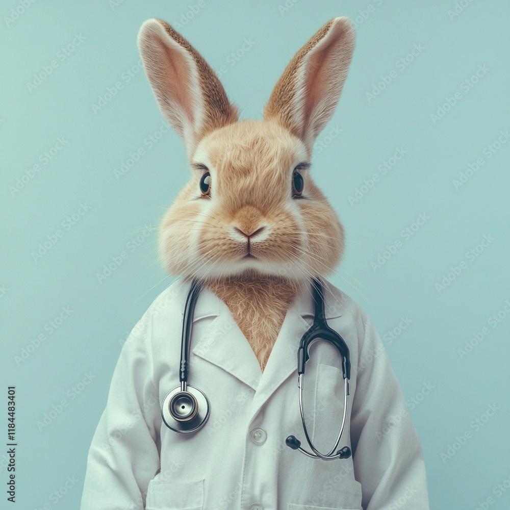 Rabbit dressed as a doctor with a stethoscope in a light blue ...