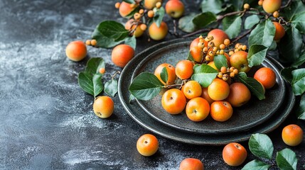 Sticker - Freshly gathered loquats on dark stone surface with vibrant green leaves