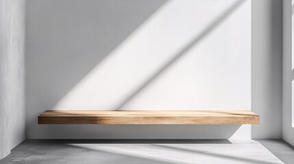 Sticker - Natural light casts shadows on a minimalist wooden shelf in a modern interior space