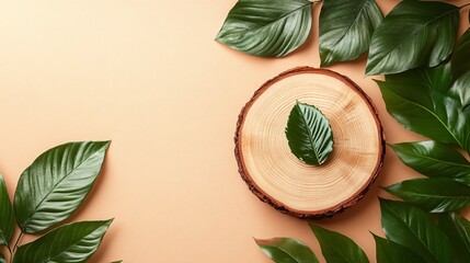 Wall Mural - Fresh green leaves arranged around a wooden slice placed on a light surface