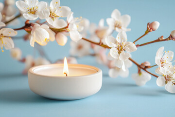 Wall Mural - serene candle surrounded by delicate white flowers on soft blue background creates calming atmosphere. Perfect for relaxation and tranquility