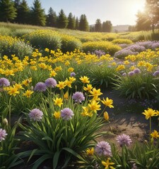 Wall Mural - Field of Allium moly blooming in the sun with yellow golden lilies , sunshine, summer blooms