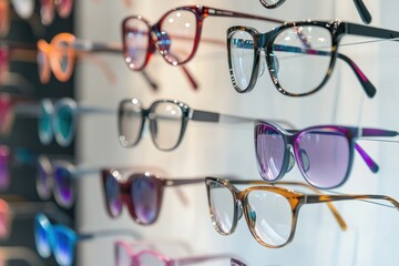 Poster - Close up view of a female eye wearing glasses for vision correction against a colorful display of eyewear. Generative AI