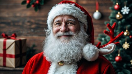 Wall Mural - Red-suited Santa, a traditional holiday figure with a white beard and glasses, delivers Christmas gifts