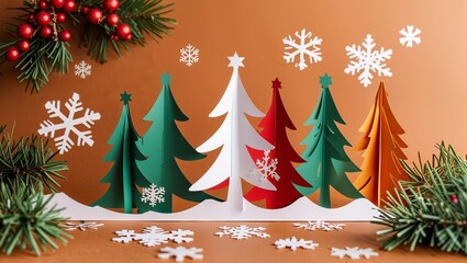 Wall Mural - Festive winter celebration card featuring a decorated green fir Christmas tree with red ribbon and snowflakes