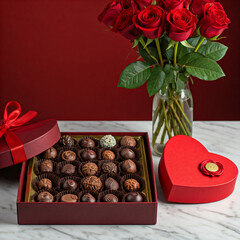 Wall Mural - rose and chocolate in a table romantic setup for rose and chocolate day. A chocolate box with truffles, bouquet of red roses on a marble surface, St Valentines day, romantic present.