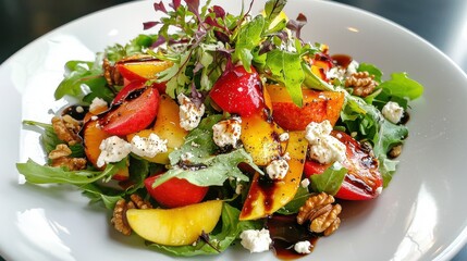 Wall Mural - Healthy and Colorful Vegetable Salad with Feta Cheese and Vinaigrette Dressing on White Plate