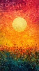 Wall Mural - Abstract painting of vibrant sunrise over a meadow, realistic textures, isolated with a clean background for creative and modern artistic rendering.