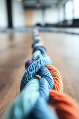 Sticker - Colorful braided ropes on wooden table, modern office background, teamwork concept, website banner