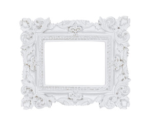 Wall Mural - Empty white vintage frame with baroque ornaments isolated cutout on a transparent background.