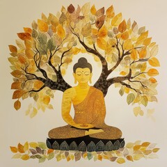Wall Mural - bodhi tree with buddha, intricate leaves, sacred ambiance, watercolor style