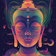 Wall Mural - siddhartha buddha as an avatar, vibrant colors merging with sacred symbols in a retro fantasy design