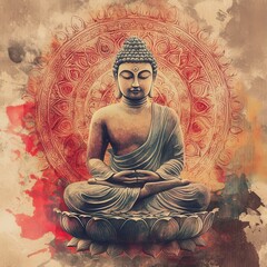 Wall Mural - serene zen buddha with mandala, vibrant yet balanced, sacred focus, watercolor style