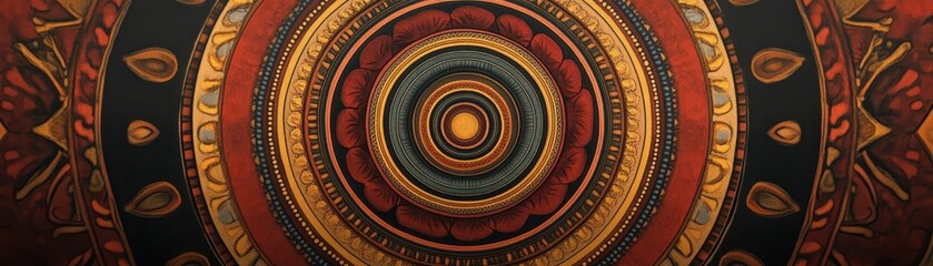 Wall Mural - spiritual mandala design with buddhism motifs, vibrant yet muted colors blending in a retro style