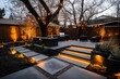 © Sanchai - A backyard undergoing an upgrade, with workers installing a modern patio, an outdoor kitchen, and a smart lighting system