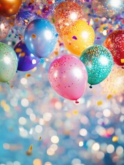 Aufkleber - Colorful balloons floating with confetti and party lights creating a festive atmosphere for joyful celebrations. Generative AI