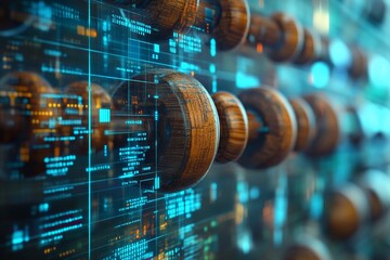 Close-up of wooden gears on a digital screen displaying code.