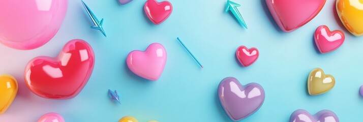 Leinwandbilder - Floating 3D chat bubbles and colorful hearts with arrows on a light blue background inviting playful communication. Generative AI
