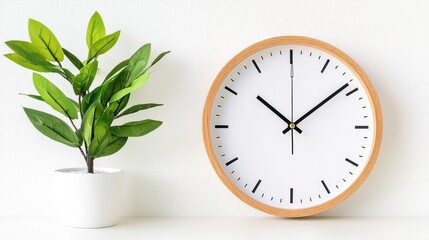 Modern Minimalist Clock and Green Plant on White Background