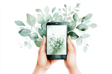 A delicate watercolor depiction of a user interacting with a smart gardening app, surrounded by soft greens and florals blending into the interface