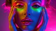 © Design By Reiga - Close-up portrait of a woman's face with vibrant colorful lighting, highlighting her makeup and features.