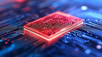 Red glowing microchip on circuit board.
