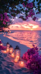 Wall Mural - Romantic beach sunset with candles and flowers.