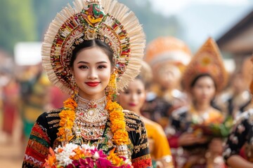 a festive procession leading to an ubosot during a thai temple fair, with participants in traditiona