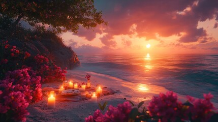 Wall Mural - Romantic beach sunset dinner with candles and flowers.