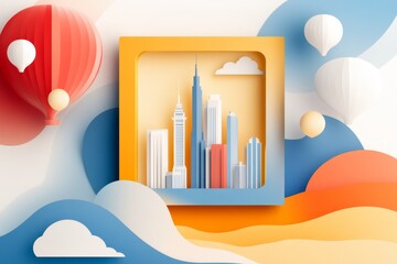 Aufkleber - A flat design of the Dubai Frame, with simple rectangles and a gradient background to highlight its iconic shape