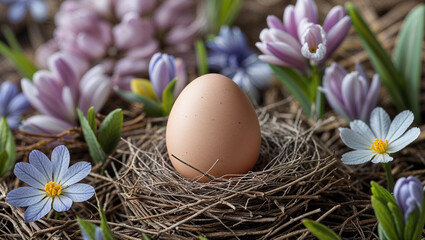 Easter egg resting in bird nest surrounded by spring flowers