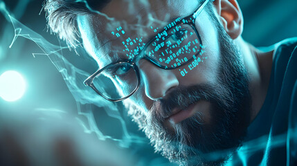 Focused programmer coding late at night, binary code overlay, dark background; tech website use