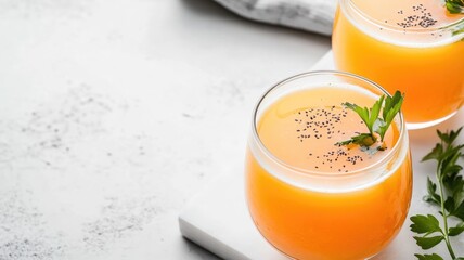 Wall Mural - Two glasses of fresh orange juice garnished with leaves on white surface