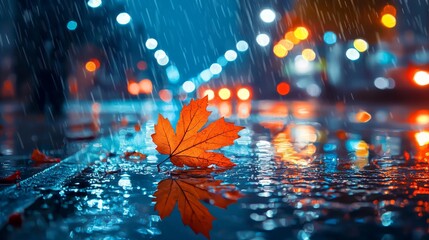 Canvas Print - orange maple leaf on wet street at night, rainy city with bokeh lights, autumn scene