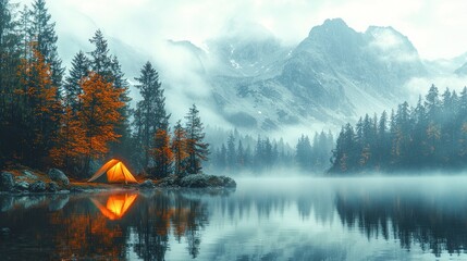 Wall Mural - Foggy lake tent campsite.