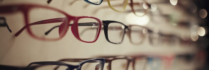 Poster - Close up of a female eye seen through clear corrective glasses highlighting vision clarity in a well lit optical store. Generative AI