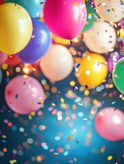 Poster - Colorful balloons and confetti create a festive atmosphere for celebrations at any joyful gathering. Generative AI