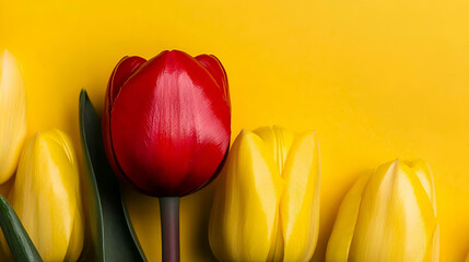 Sticker - A vibrant red tulip stands out among yellow tulips against a bright yellow background, creating a cheerful and striking floral display.