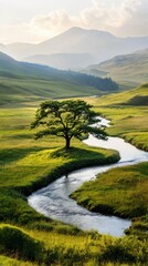 Poster - Serene Mountainous River Landscape with Lush Meadow and Scenic Views