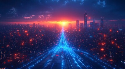 Poster - Futuristic city at sunset.