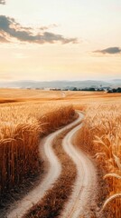 Wall Mural - Winding Dirt Path Through Golden Wheat Fields at Sunset Countryside Landscape