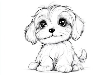 Leinwandbilder - A simple line art illustration of a Shih Tzu puppy sitting with its head tilted, drawn with clean black lines on a white background