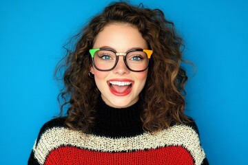 Wall Mural - Happy Woman with Colorful Glasses and Knitted Sweater