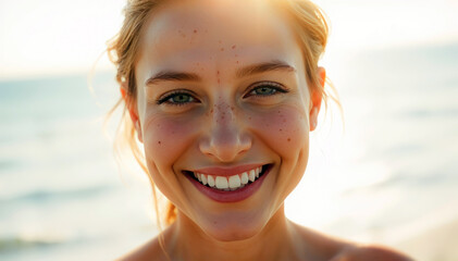 Wall Mural - Happy woman smiling beach sunlit face carefree summer vibes