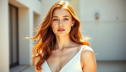 Wall Mural - Redhead woman in sunlight wearing white top portrait beauty and natural light