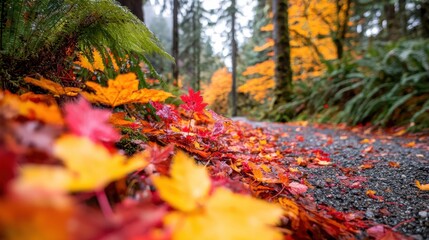 Poster - Vibrant Autumn Foliage Carpeting a Lush Forest Trail in a Serene Wilderness Landscape