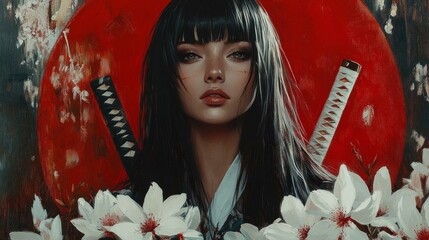 Wall Mural - A Beautiful Woman with a Sword in a Red Background