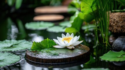 Wall Mural - Tranquil Waterlily Pond with Floating Green Leaves and Serene Reflection