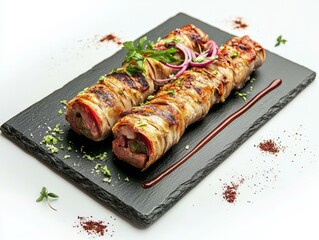 Wall Mural - Delicious Grilled Meat Rolls Served on a Slate Tray